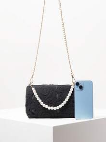 Tas Selempang Motif Bunga dengan Hiasan Mutiara, Tas Tangan Gaya Bohemian, Tas Pantai Musim Panas, Perlengkapan Perjalanan, Dompet Elegan Wanita (Pola Acak) - Hitam - View 3