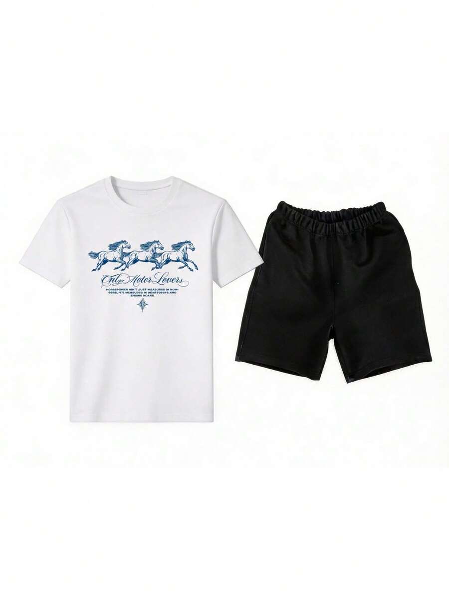 Conjunto masculino estilo western vintage de dos piezas con estampado gráfico de caballos y letras en algodón ajuste holgado cuello redondo manga corta primavera verano uso casual set - Blanco 2 - Ver 1