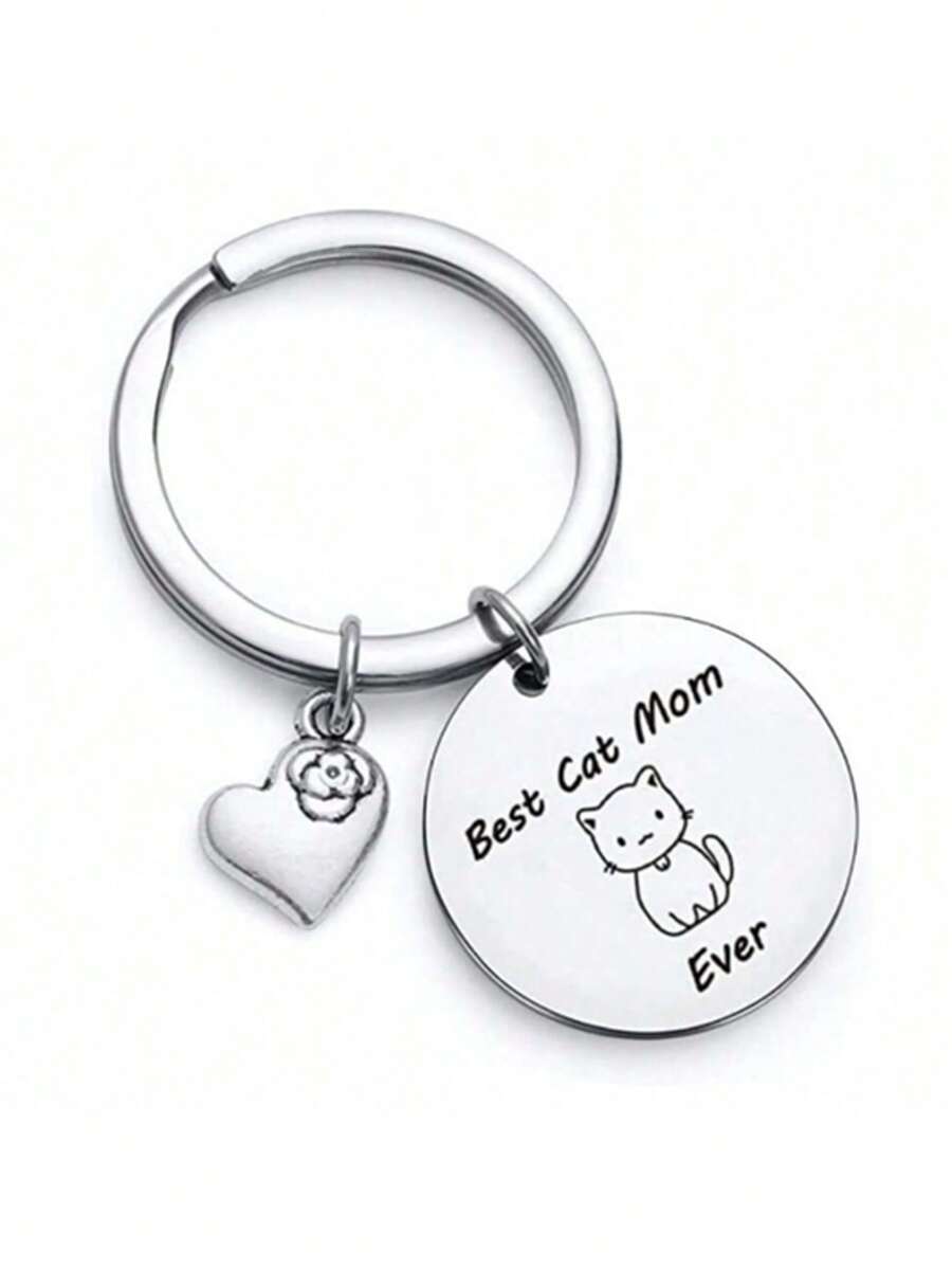 1pc "Best Cat Mom Ever" Cat Graphic & Heart Pendant Metal Keychain, Mother's Day Birthday Gift - Silver - View 1