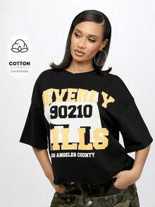 Camiseta Oversize Crop Top  90210 con Estampado Gráfico de LA County, Estilo Retro de Programa de TV, Ropa Urbana para Fans, Moda de Verano y Festivales - Negro - Ver 1