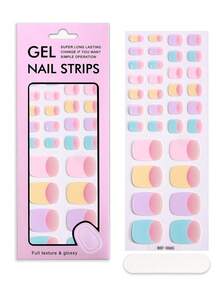 [UV Free] Spring & Summer Dopamine Macaron Color Gradient Gel Nail Stickers, 34pcs Set, Macaron Contrast Color Matching Rainbow Gradient French Style Design, Glossy Finish, Long-Lasting, No UV Lamp Required, Suitable For Weekend Outings, Pool Parties, Daily Errands, Great Gift For Girls - Multicolor - View 8