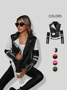 Women's Autumn/Winter Faux Leather Biker Jacket - Rhinestone Embellished, Asymmetric Zipper Design, Adds Fashionable Street Style - Black and White - View 1