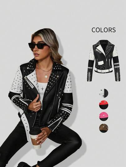 Women's Autumn/Winter Faux Leather Biker Jacket - Rhinestone Embellished, Asymmetric Zipper Design, Adds Fashionable Street Style