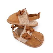 Baby Girls First Walking Shoes Fashionable Infant Cozy Fleece Bow Decor Non Slip Flat Slippers - Khaki - View 4
