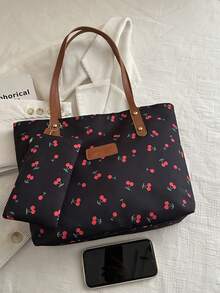 2个装樱桃图案涤纶大容量拉链时尚女士单肩手提包，适合春夏季日常使用 - 彩色 - 查看 3