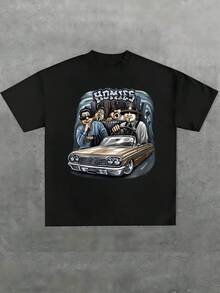 Plus Size Summer Vintage Car Street Art Print T Shirt Homies Graphic 1pcs 100% Cotton Casual T Shirt Men's Graphic Tee Retro Style Crew Neck Short Sleeve 220g T Shirt For Going Out Gift Unisex - Black - View 1