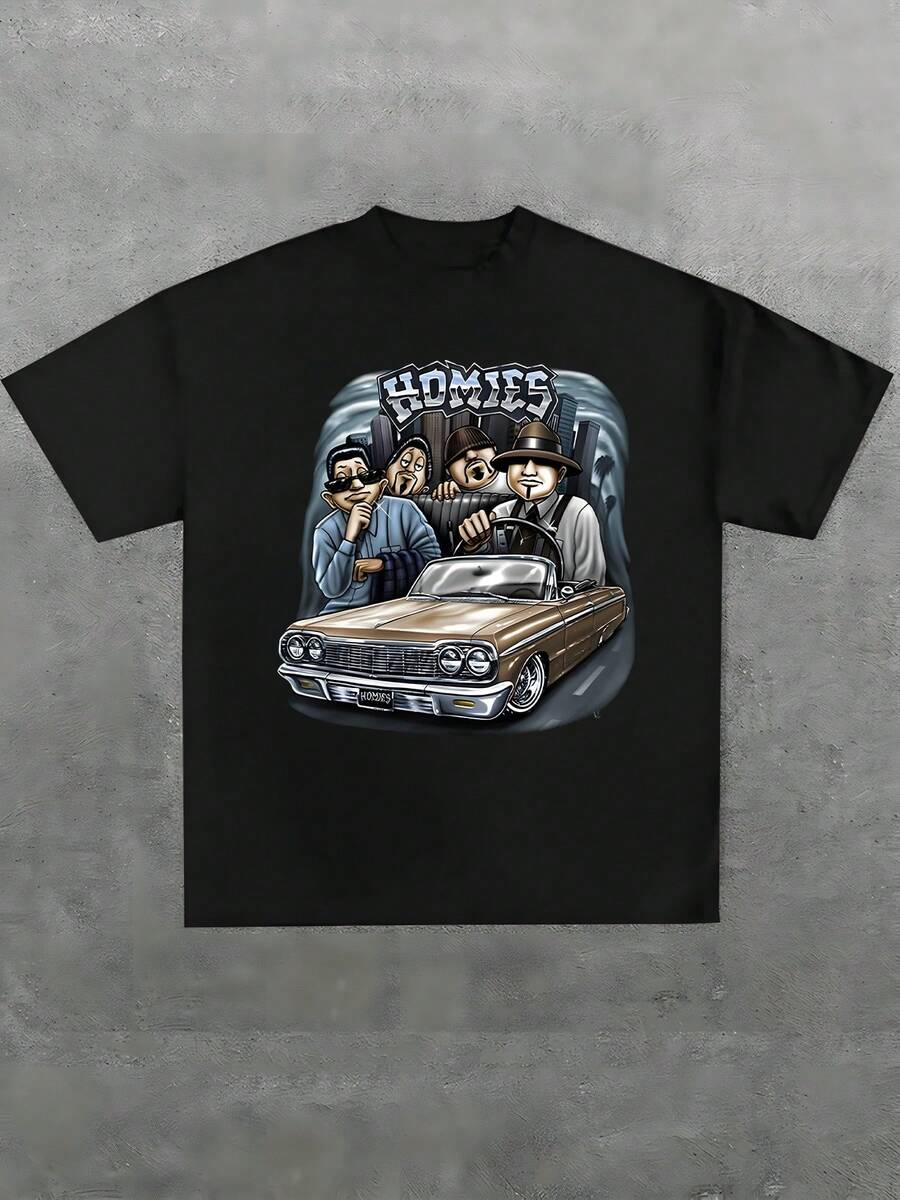 Plus Size Summer Vintage Car Street Art Print T Shirt Homies Graphic 1pcs 100% Cotton Casual T Shirt Men's Graphic Tee Retro Style Crew Neck Short Sleeve 220g T Shirt For Going Out Gift Unisex - Black - View 1