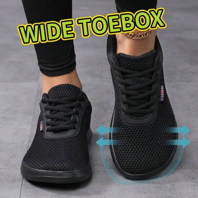 女士加大码 35-42 轻便透气跑步鞋，宽鞋头，休闲风格，加大码轻便运动鞋，系带加厚针织面料，透气设计，MD 鞋底，适合步行、慢跑、休闲穿着 - 四季皆宜