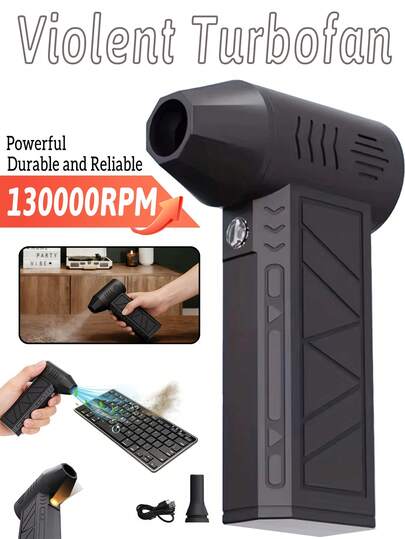 1个黑色迷你涡轮喷气式电动便携式空气除尘器，带LED灯、电池电量显示、手持式清洁工具、Type-C充电、13000转/分钟，适用于汽车、电脑、键盘、宠物毛发、露营风扇、除雪等。