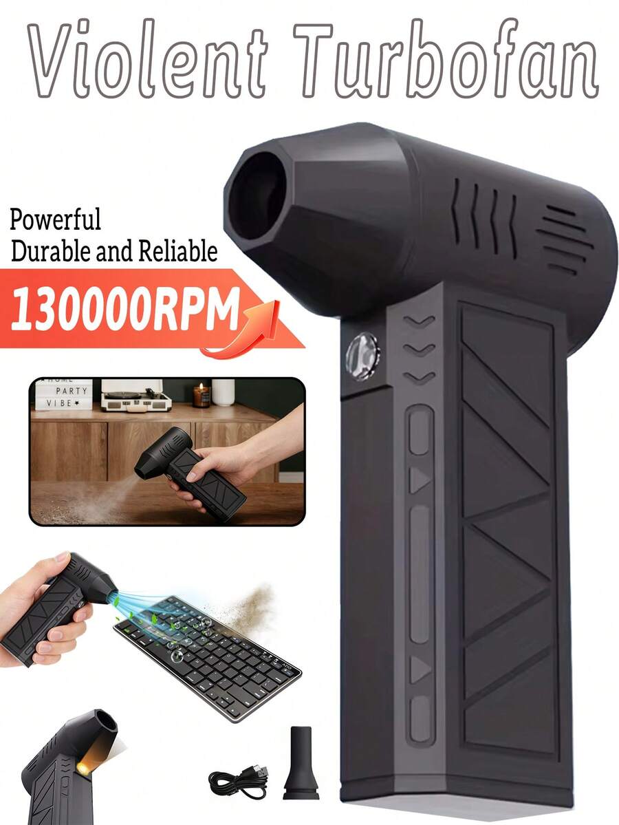 1pc Black Mini Turbine Jet Electric Portable Air Duster With LED Light, Battery Level Display, Handheld Cleaning Tool, Type-C Charging, 13000RPM, Suitable For Car, Computer, Keyboard, Pet Hair, Camping Fan, Snow Removal