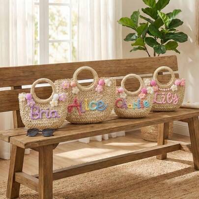 1 pieza Bolso de playa de paja tejida personalizado, bolso de mano con nombre, regalo de dama de honor, bolso de estilo bohemio para vacaciones de verano, regalo de graduación, canasta de despedida de soltera, regalo de fiesta de boda/canasta de niña de las flores, bolso de gran capacidad y lindo para vacaciones