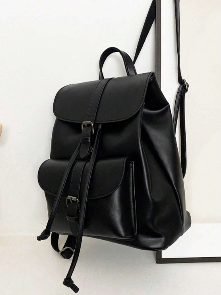 Stylish Black Leather - Like Backpack With Retro Buckle Design For Outings - A - View 1