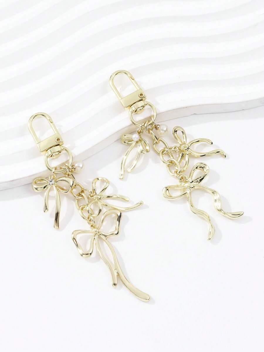 1pc Minimalist Versatile Gold Bow Pearl Pendant DIY Alloy Keychain, Personalized Elegant Bag Charm, Couples Key Chain Gift - Multicolor - View 1