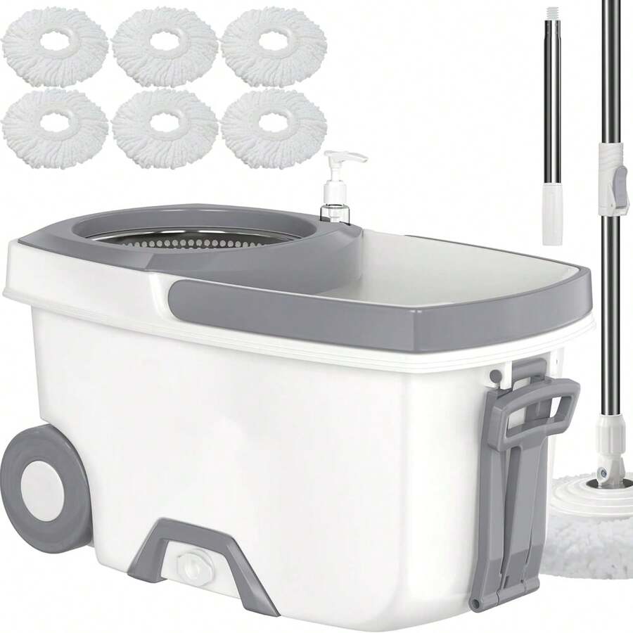 Mop And Bucket With Set,Spin Mop And Bucket System, Mops For Floor Cleaning,Household Supplies Tools With 6 Replacement Refills,61" Extended Handle For Household Hardwood Floor - White - A - Xem 1