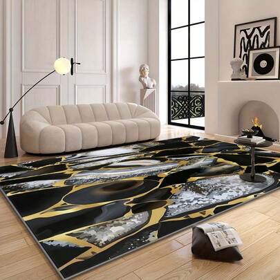 1 قطعة سجادة ذات نمط نسيج رخام فاخر باللون الذهبي الحديث على خلفية سوداء. مصنوعة من قماش مخمل تزن حوالي 850 جرام، بسمك تقريبي 0.6 سم. سجادة متينة، مانعة للانزلاق، وسهلة التنظيف. متوفرة بأحجام متعددة. مناسبة للمطبخ/غرفة المعيشة/غرفة الطعام/غرفة النوم/الشرفة/الحمام/غرفة الدراسة. خيار ديكور منزلي مثالي.