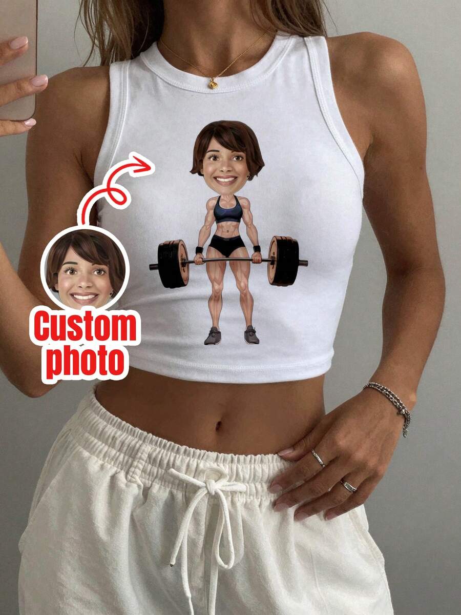 Customized Fun Fitness Tank Top, Supports Custom Upload, Creative Printed Vest, Ideal Fun Gift Choice, Add Your Favorite Text - White - View 1
