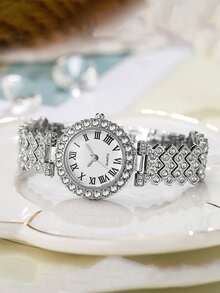 1 pieza Reloj de cuarzo elegante y de moda con números romanos redondos y juego de pulsera para mujer, adecuado para uso diario, regalo de cumpleaños, vuelta al colegio, Acción de Gracias, parejas, mejor regalo (excluyendo la caja de embalaje) - Plateado - Ver 4