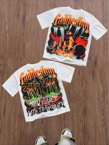 Apocalypse Sci-Fi Double-Sided Crisis&Disaster Print Oversize Short Sleeved Street Y2K Niche Style T-Shirt Top Print Y2K Crew Neck T Shirt For Women, Holiday, Vacation, Spring, Festivalsummer Clothes,Men Graphic Tees,Vintage T Shirts - 白色 - 查看 3