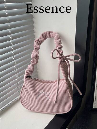 ROMWE Kawaii 1个粉色灯芯绒单肩包，饰有刺绣蝴蝶结，褶皱设计，女士款，秋冬款