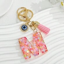 1个新款粉色26个英文字母钥匙扣，带邪眼流苏吊坠，可作钥匙链或包包挂饰 - 彩色 - 查看 26