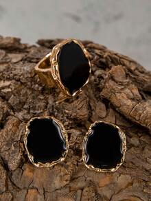 2件套时尚休闲锌合金几何首饰套装，精美女士礼物 - 25635-黑色 - 查看 3