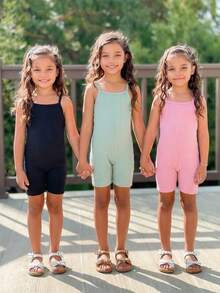 Set de 3 piezas, enterizo de tirantes de espagueti acanalado de unicolor para niñas jóvenes - Multicolor - Ver 4