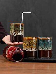 1个陶瓷裂纹釉马克杯，卡布奇诺咖啡杯，复古时尚拿铁杯，早餐牛奶杯，果汁杯，适合居家、办公室、咖啡馆、感恩节、情人节、母亲节、节日礼物 - 彩色 - 查看 3
