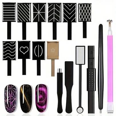 16件套双头猫眼美甲工具套装，花朵造型美甲笔，美甲棒，多功能3D板，适用于猫眼凝胶指甲油美甲
