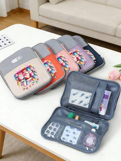 1个便携式医疗包，印有彩色药瓶和药丸图案，便携式露营药袋，紧凑型急救包，旅行和居家便携收纳包，小型药包，便捷药品包，应急包，多种颜色可选，返校必备，适用于日常/户外/旅行，注重健康和经常外出人士的必备之选，必备医疗配件，日常健康护理收纳包