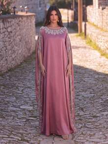 Faeriesty Đầm dạ hội dài cổ tròn thanh lịch với tay áo rời và kiểu dáng tinh tế – Hoàn hảo cho đám cưới, chụp ảnh, dạ tiệc, sự kiện. - Bụi hồng - Xem 2