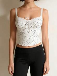 Spaghetti Strap Dot Print Crop Camisole - Lace Trim Fitted Summer Top For Party Daily - White - View 2
