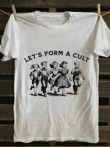 Camiseta de algodón de 180g para hombre, camiseta con diseño vintage Let's Form a Cult -% suave y transpirable, con un diseño retro de líder de culto con 4 miembros estilo caricatura, de corte holgado, manga corta y cuello redondo, adecuada para uso casual, un regalo divertido y único para amigos y familiares, para el día a día, salidas informales, versátil para uso en el hogar y adecuada para paseos al aire libre. Sencilla y sin pretensiones, estilo de nicho a, la primera opción para parejas. - negro - Ver 1
