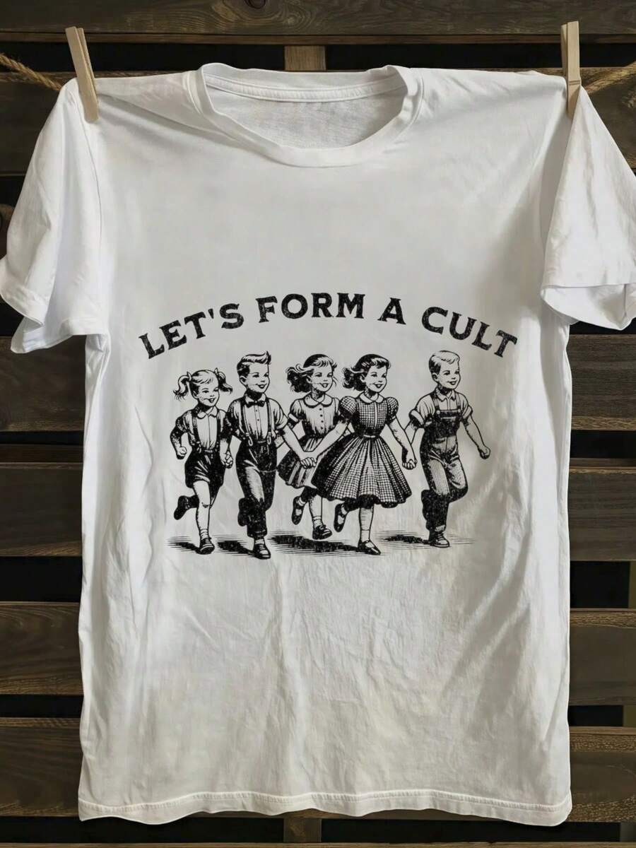 Camiseta de algodón de 180g para hombre, camiseta con diseño vintage Let's Form a Cult -% suave y transpirable, con un diseño retro de líder de culto con 4 miembros estilo caricatura, de corte holgado, manga corta y cuello redondo, adecuada para uso casual, un regalo divertido y único para amigos y familiares, para el día a día, salidas informales, versátil para uso en el hogar y adecuada para paseos al aire libre. Sencilla y sin pretensiones, estilo de nicho a, la primera opción para parejas. - negro - Ver 1
