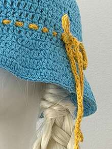 Handmade Crochet Bucket Hat, Versatile Knitted Wave Brim Bucket Hat, Breathable Yarn Hat With Bow, Cute Japanese Ins Style Knitted Bucket Hat For Women, Suitable For Face-Framing,Summer,Beach - Multicolor - View 5