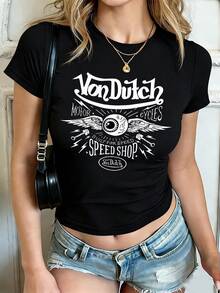 Van Dutch Retro Moto Speed Shop Graphic T-Shirt, Winged Eye & Spanner Print Y2K Streetwear Baby Tee, Casual Solid Color Crew Neck Short Sleeve Slim Fit Cropped T-Shirt Basic Summer Polyester Top, Versatile Everyday Wear, Perfect Gift For Her - màu đen - Xem 1