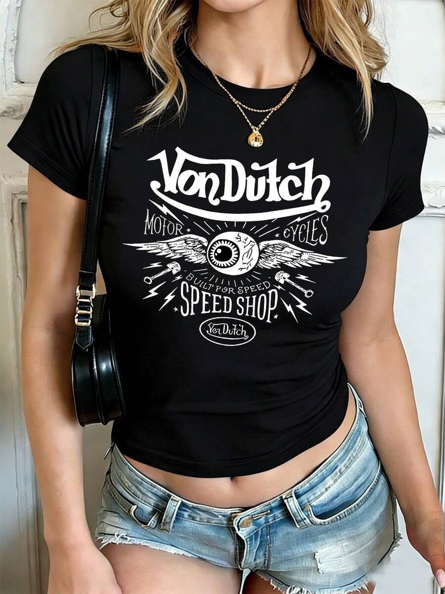Van Dutch Retro Moto Speed Shop Graphic T-Shirt, Winged Eye & Spanner Print Y2K Streetwear Baby Tee, Casual Solid Color Crew Neck Short Sleeve Slim Fit Cropped T-Shirt Basic Summer Polyester Top, Versatile Everyday Wear, Perfect Gift For Her - màu đen - Xem 1