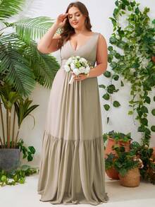 Vestido de dama de honor elegante de gasa con cuello en V y volantes de unicolor para mujer de talla grande, vestido de noche con volantes para invitada de boda, dama de honor, ocasión formal, evento, boda, fiesta, primavera/verano/otoño - Caqui - Ver 6
