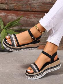 Summer Fashion Women's Wedge Sandals, Bohemian Style Rivet Open-Toe Design With Ankle Strap, Breathable And Comfortable Casual Elegant Flat Shoes - Black - View 3