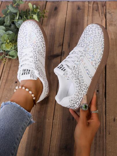 2026 New Women's Casual Sneakers, Leopard Print Color Block Flat Platform Shoes, Versatile Casual Fashion Sports Shoes For Women