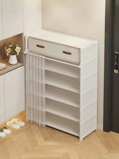 1PC Household Multi-Layer Shoe Rack, With Curtain, Shoe Cabinet, Storage Display Rack, With Drawers, Shoe Storage Cabinet With Curtain, Large Capacity Shoe Cabinet, Suitable For Indoor And Outdoor Use, Suitable For Placement At The Entrance, Household, Indoor, Holiday Gift, Christmas Gift, Children's Gift