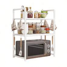 1-Pack Multi-Layer Kitchen Storage Rack - Microwave Oven Kitchen Storage Rack, Adjustable Storage Rack With Hooks, Kitchen Storage Rack, Multi-Functional Storage Rack, Thickened Seasoning Storage Rack With Armrests And Hooks - Multicolor - View 1