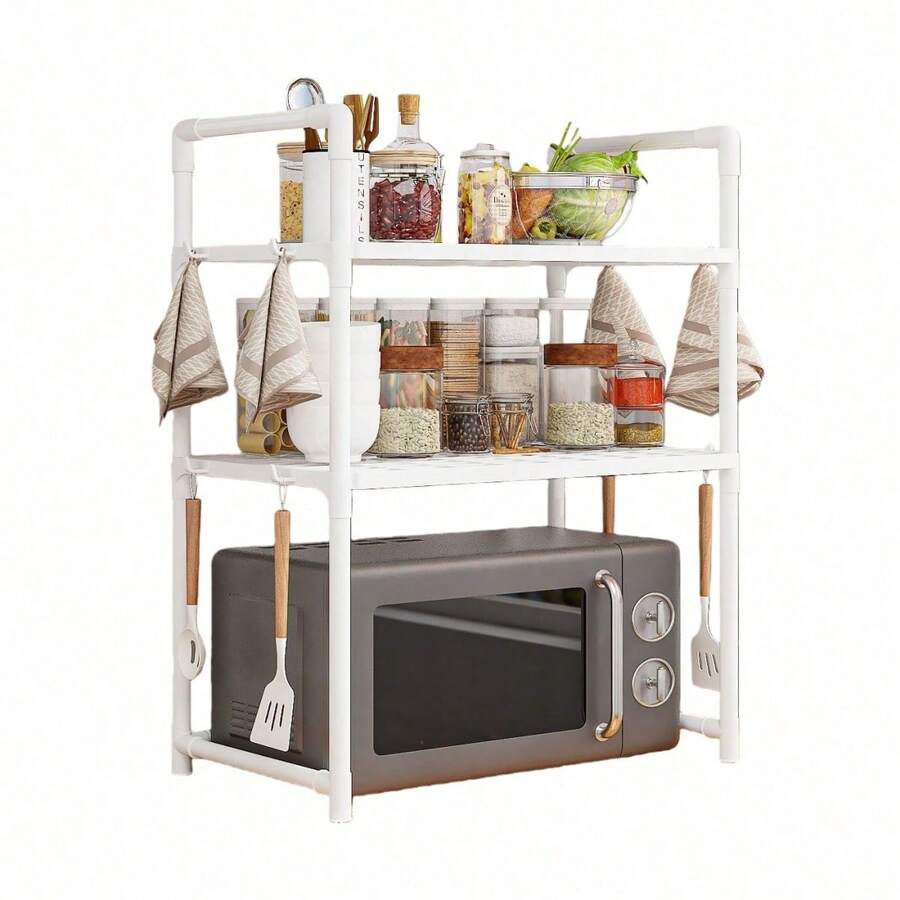 1-Pack Multi-Layer Kitchen Storage Rack - Microwave Oven Kitchen Storage Rack, Adjustable Storage Rack With Hooks, Kitchen Storage Rack, Multi-Functional Storage Rack, Thickened Seasoning Storage Rack With Armrests And Hooks - Multicolor - View 1