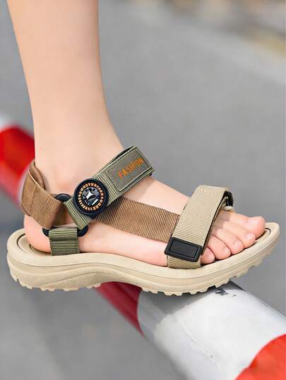 1 Pair Minimalist Solid Color Flat Sandals, Woven Leather Laces, Hook And Loop Strap Design, Comfortable & Breathable, Unisex, Suitable For Summer Wear