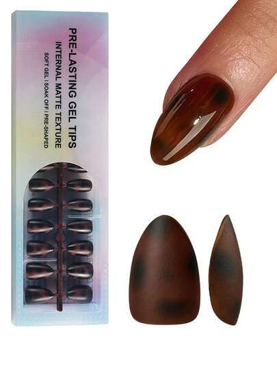 150pcs Short Almond Matte False Nail Stickers, Brown & Black Leopard Marble Pattern Soft Gel Fake Nails, Durable & Reusable, 15 Sizes For DIY Manicure, Suitable For Women & Nail Salons, Great Gift