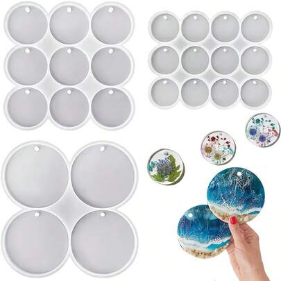Juego de 25 cavidades de molde de silicona plano y brillante con círculos grandes, medianos y pequeños, molde para pendientes redondos perforados, molde para llaveros de resina, molde para etiquetas de mascotas