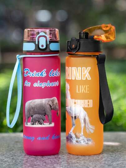 1pc 750ml/26oz Large Capacity 3D Printed Cute Animal Pattern Matte Drinking Water Bottle, Time Scale Mark, Woven Handle Strap, Portable Leak-Proof, Suitable For Outdoor, Travel, Sports, Holiday & Birthday Gift