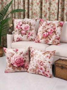 Conjunto de 4 capas de almofada de veludo rosa, estilo retrô, macias e com toque de pele de pêssego, estampa em um lado, decoração com tema de rosas, ideal para festas de aniversário, aniversários, com laço rosa, perfeitas para o Dia das Mães, chá de panela, laváveis à máquina, perfeitas para sala de estar, sofás, casa, quarto, decoração festiva, lembrancinhas, chá de bebê e ideias para presentes (enchimento não incluso). - Rosa - Ver 2