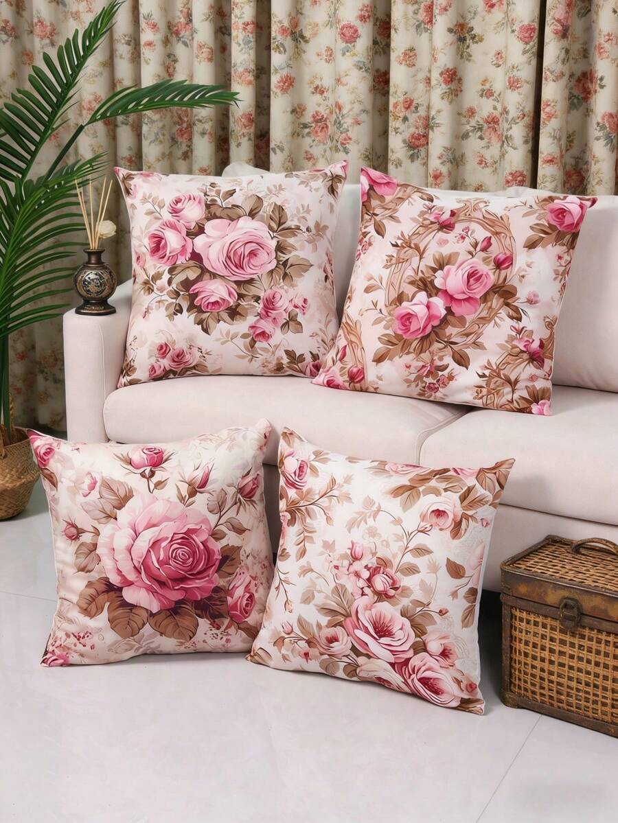 Conjunto de 4 capas de almofada de veludo rosa, estilo retrô, macias e com toque de pele de pêssego, estampa em um lado, decoração com tema de rosas, ideal para festas de aniversário, aniversários, com laço rosa, perfeitas para o Dia das Mães, chá de panela, laváveis à máquina, perfeitas para sala de estar, sofás, casa, quarto, decoração festiva, lembrancinhas, chá de bebê e ideias para presentes (enchimento não incluso).