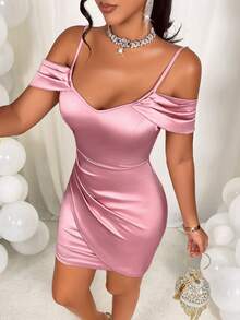 AIJ Amarilo Sexy Elegant Ruffle Off Shoulder Fitted Mini Dress With Lily Flower Trim, For Valentine's Day - Pink - View 5