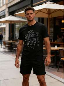 Conjunto para hombre casual urbano con estampado gráfico y letras tela cómoda ajuste holgado cuello redondo manga corta primavera verano uso diario camiseta y shorts - Negro 2 - Ver 2